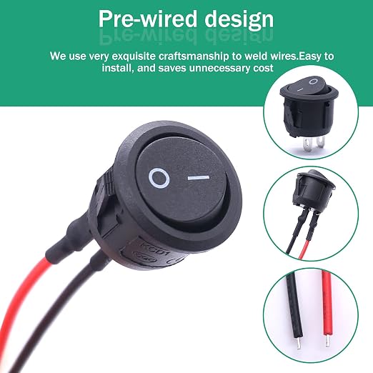 Twidec/10Pcs 12V Round Rocker Switch AC 6A/250V 10A/125V SPST 2 Pin 2 Position On/Off Toggle Switch for Car Boat Automotive RV Black with Pre-soldered Wires KCD1-X-Y