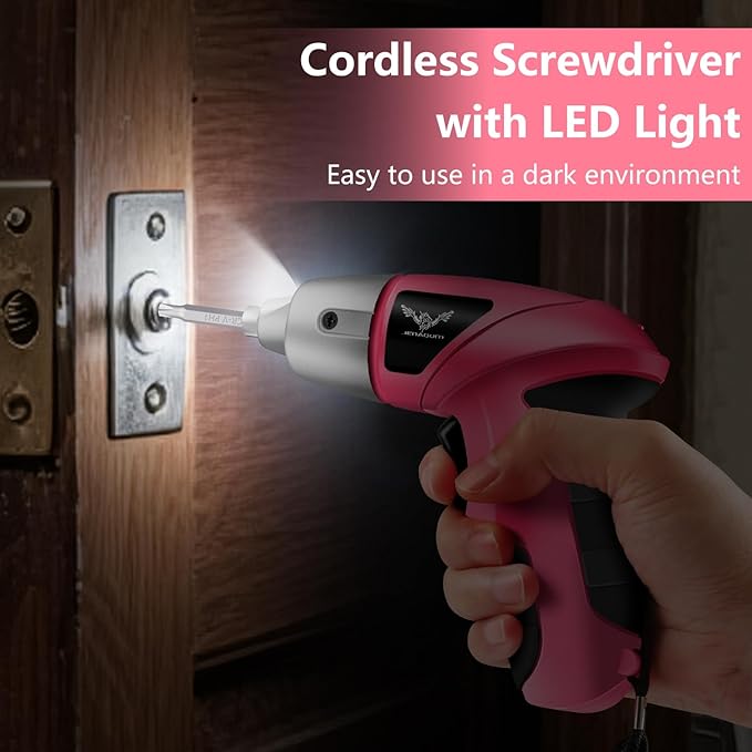 JENABOM Pink Cordless Electric Screwdriver, 3.6V Rechargeable Small Electric Drill with 24pcs Driver Bit Set, Power 3.5Nm Screw Gun with LED Light for Women