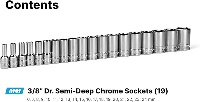 Capri Tools 3/8 in. Drive Semi-Deep Chrome Sockets Set, 6-Point, 6 to 24 mm, 19-Piece