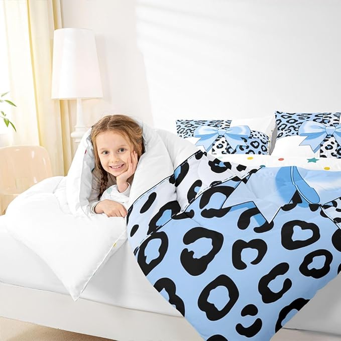 Feelyou Leopard Print Kids Comforter Set King Size Blue Leopard Bow Bedding Set Animal Fur Duvet Quilt for Kids Boys Girls Bedroom Decor Microfiber Ultra Soft Breathable