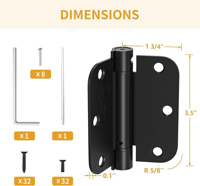 Luxbaro 4 Pack Self Closing Door Hinges 3.5 Inch, Matte Black Spring Loaded Hinges with 5/8'' Radius Corners, Adjustable Tension for Garage, Front Door, for Left and Right Hand Door, UL Listed