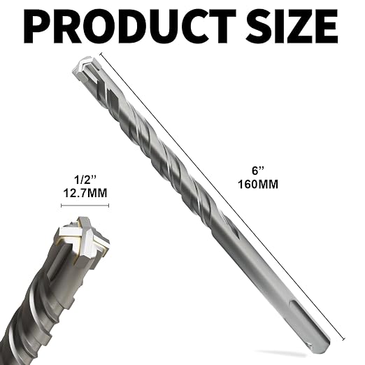 SDS Plus Rotary Hammer Drill Bits, (1/2"*6"-12.7mm*160mm) - 4 Carbide Cutting Edges, Ideal for Masonry| Heavy-Duty Masonry |Hammer Drill Bits for Precision Drilling