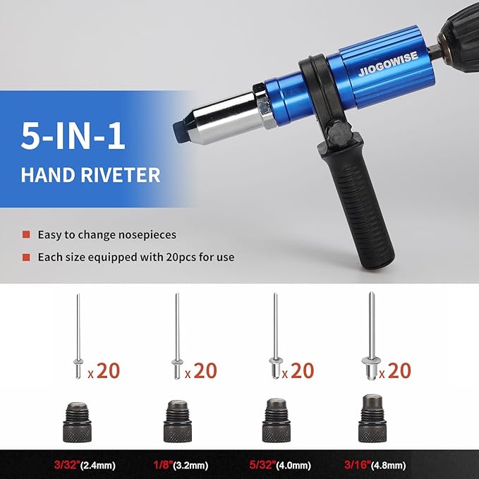 Professional Rivet Gun Adapter Kit,Electric Power Drill Rivet Attachment,Easy Processing for Pop Riveting Work,4 Rivet Heads 2.4mm 3.2mm 4.0mm 4.8mm and 80pcs Rivet Nails