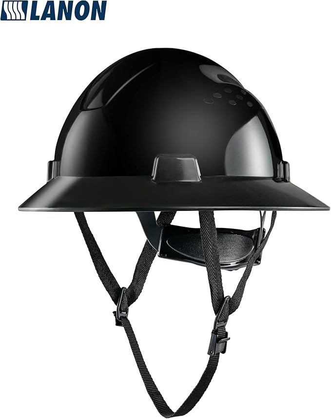 LANON Black Full Brim Hard Hat, OSHA Construction Work Approved, HDPE Safety Helmet with 4 Point Adjustable Ratchet Suspension, Class E, G & C