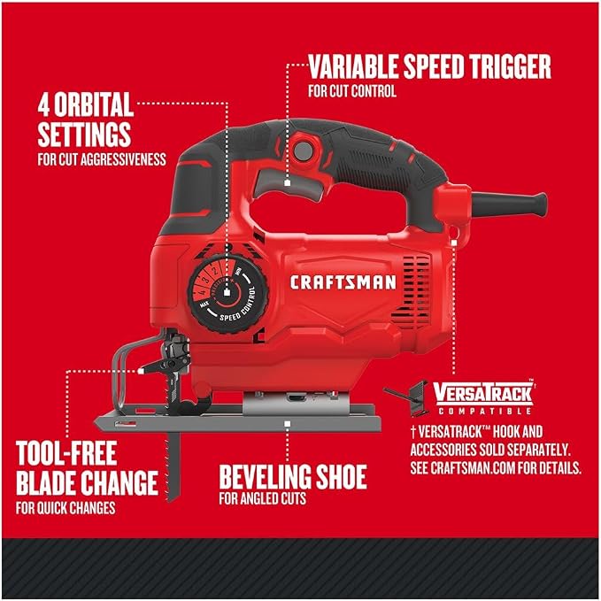 CRAFTSMAN Jig Saw, 4 Orbital Settings, Up to 3,000 SPM, 5 Amp, Corded (CMES610)