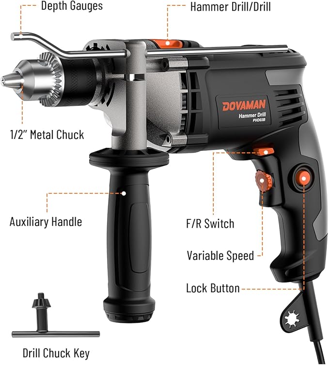 DOVAMAN 7.5A Corded Hammer Drill, 1/2'' Impact Drill with Variable Speed 0–3000RPM, Metal Chuck, 2 Modes for Concrete, Wood, Metal – Includes Bits & Carrying Case-PHD03B