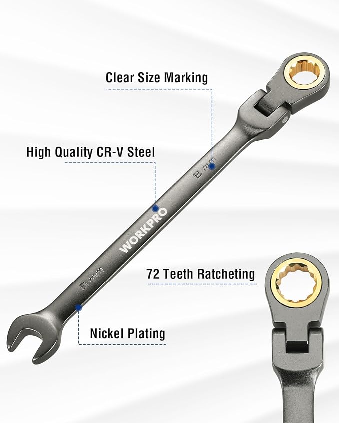 WORKPRO 8 mm Flex-Head Ratcheting Combination Wrench, Nickel Plating | Cr-V Constructed, 72-Teeth, 12 Point Design, Metric, For Home Improvement, Auto Repairs, Plumbing, Constructions, Machinery