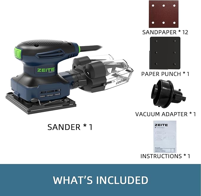 ZEITE 2.4 Amp 1/4 Sheet Sander with 12Pcs Sandpapers, Electric Palm Sander for Woodworking, 10 Ft Cord, 14000 OPM, Vacuum Attachment, Cyclonic Dust Box for Wood Polishing Sanding