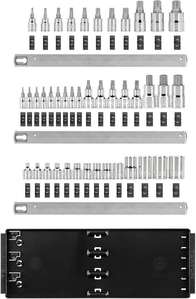 TEKTON Bit Socket and External Star Socket Set, 43-Piece | SKT93900 | 1/4, 3/8, 1/2 Inch Drive, (T6 - T80, E4 - E24, M4 - M18), Socket Rail