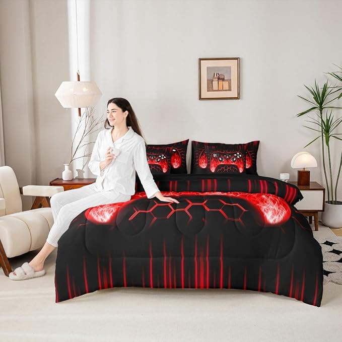 Erosebridal Boys Gaming Bed in a Bag Queen Comforter Set 7 Piece Ombre Art Honeycomb Bedding Set Red Neon Lights Sheet Set Game Console Bed Set Geometric Hexagon Beehive Gamer Room Decor