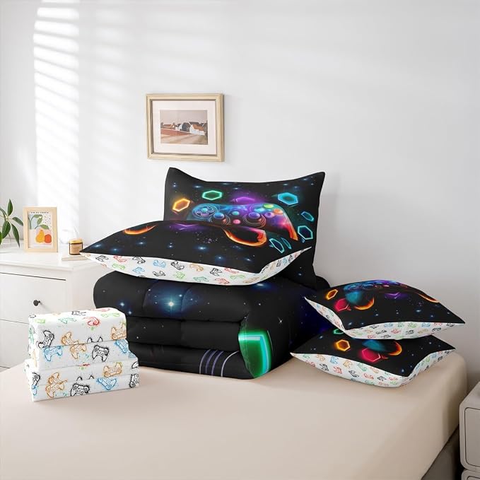 Game Consoles Gamer Bedding Set King Bed in a Bag 7 Piece Gamer Gifts,Gaming Comforter Sets for Boys Space Glow Geometric Kids Comforter Sets Boys Red Green Blue Teal,Gamer Room Decor for
