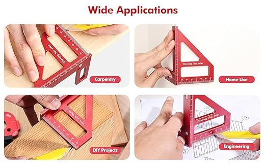 3D Multi-Angle Measuring Tool,45/90 Degree Aluminum Alloy Woodworking Square Protractor, Drawing Line Ruler, Miter Triangle Ruler Layout Measuring Tool for Woodworking (Metric-Red)