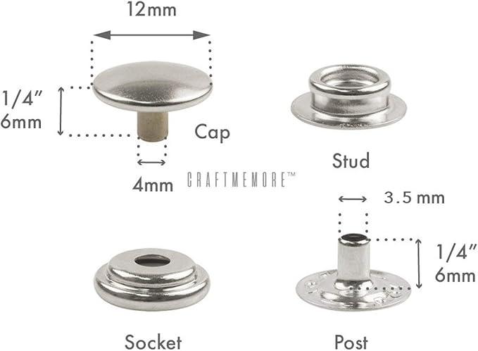 CRAFTMEMORE Snap Setter Fastener Kit Button Fixing Tool Ring-Socket Popper Setting Tool with 10 Silver Snaps #201 VT47 (12mm (0.47"))