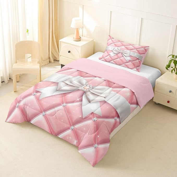 Feelyou Bow Comforter Set Twin Size Glitter Bowknot Bedding Set for Kids Boys Girls Princess Duvet Quilt Bedroom Decor Microfiber 2 Pcs with 1 Pillow Cases