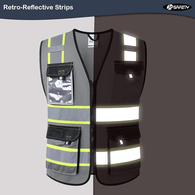 JKSafety Hi Vis Reflective Safety Vests for Men Women High Visibility Vest with Pockets Mesh Fabric Construction Safety Apparel Neon Vest for Work (220-Grey XL)