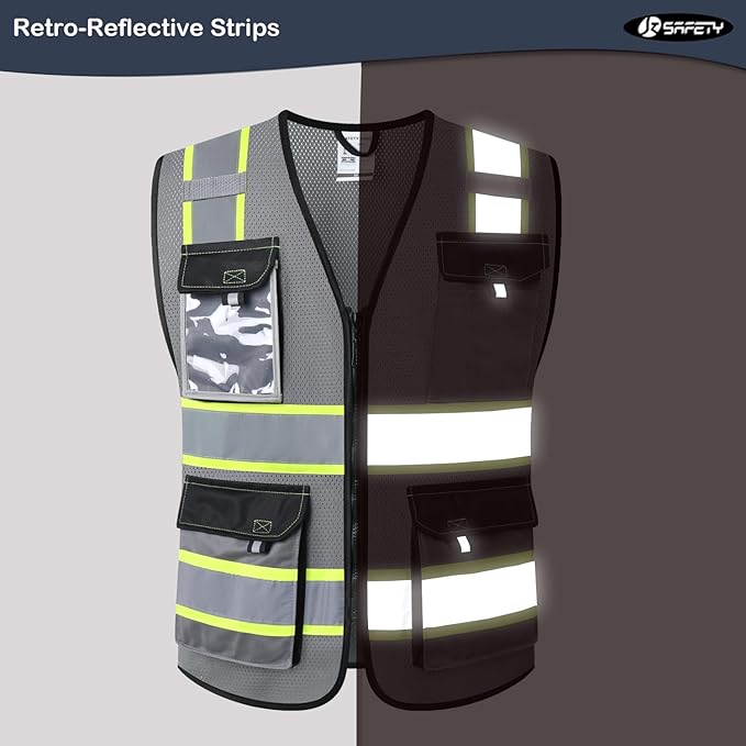 JKSafety Hi Vis Reflective Safety Vests for Men Women High Visibility Vest with Pockets Mesh Fabric Construction Safety Apparel Neon Vest for Work (220-Grey XXL)