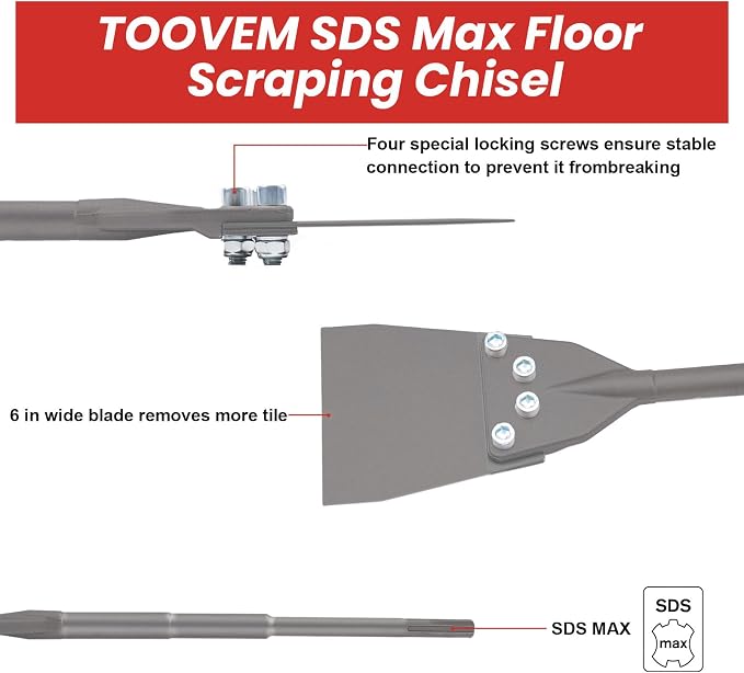 SDS Max Floor Scraper, TOOVEM 6 Inch Floor Scraper SDS Chisel Bits with Replacement Balde, SDS Max Chisel Long Handle Heavy Duty Thinset Removal Tile Adhesive Removal Tool for Rotary Hammer Drills