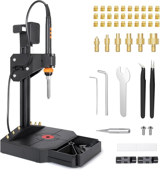 Vertical Heat Set Insert Tool Pressing Machine with 90W Soldering Iron, Heat Set Tips M2-M8, 30PCS Brass Nuts Threaded Inserts for 3D Printed Part
