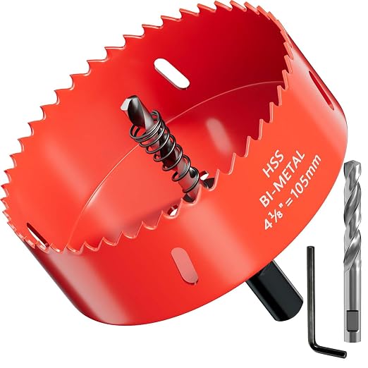4-1/8 inch Bi-Metal Hole Saw Drill Bit - Ideal for Circular Cuts in Wood, Plastic, and Sheet Metal - 1-3/16" Cutting Depth - Includes Arbor and Pilot Bit