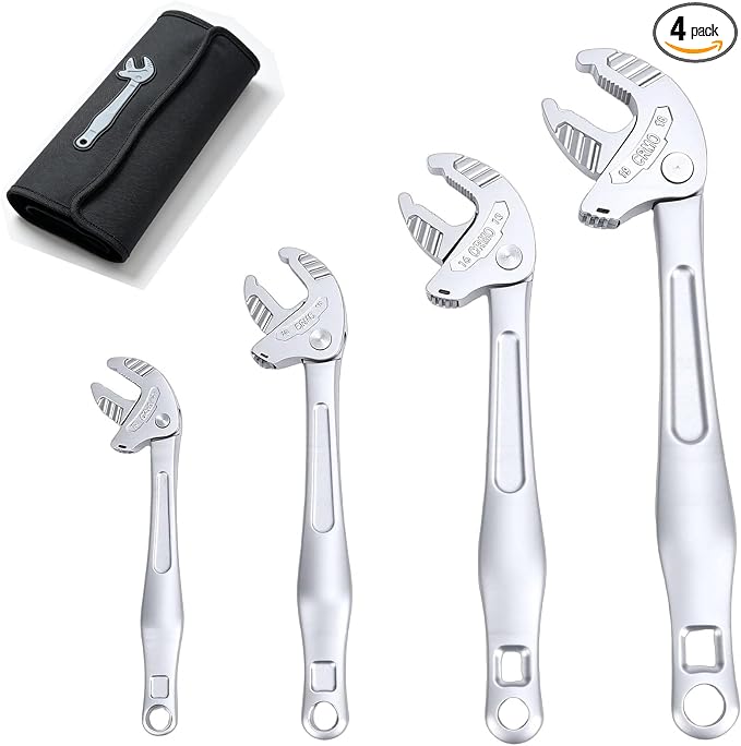 Self Adjusting Wrench Set, 4Pcs Self Locking Wrench with Automatic Continuous Gripping, Ratcheting Self Setting Spanner for 1/4"-3/4" Nuts, Bolts, Plumbing, Automotive Repair & Tight Work Spaces