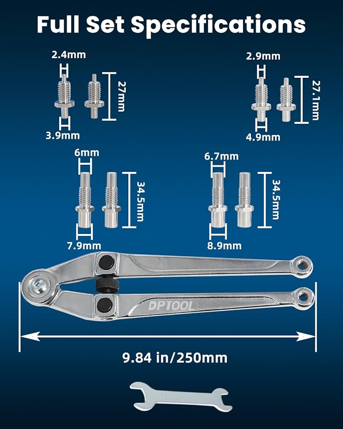 DPTOOL Adjustable Pin Spanner Wrench Set Pulley Holder Tool Set | PW-100 Style 18-98mm Universal Double Pin Wrench Heavy Duty Steel Wrench Tool for Bearings, Pulleys and Lock Nuts