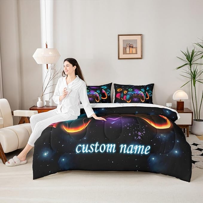 Custom Name Game Consoles Boys Comforter Sets Twin Bed in a Bag 7 Piece Gamer Gifts,Customized Gaming Twin Comforter Set for Boys Space Geometric Bedding Sets Red Blue Teal,Boy Bedroom Decor