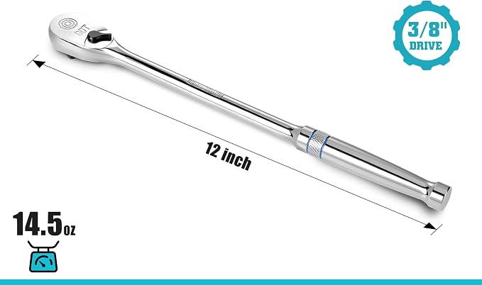 DURATECH Extra Long Handle 3/8-Inch Drive Ratchet, 90-Tooth Ratchet Wrench | Socket Wrench with 12" Handle and Dust Proof Teardrop Enclosed Head, Reversible, CR-V Steel Made, CR-MO Head, Full Polished