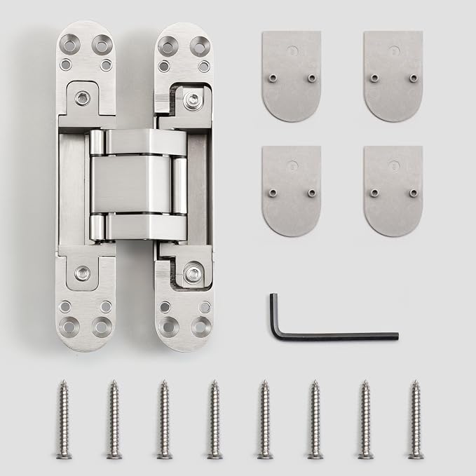 YAGU 6.5 inch 3 Way Adjustable Invisible Hinges Hidden Door Hinges Concealed Hinges Zinc Alloy 180 Degree Swing Hinge Butt Hinge 6.5 x 3.2 x 1.1 inch Matte Silver (1 Piece)
