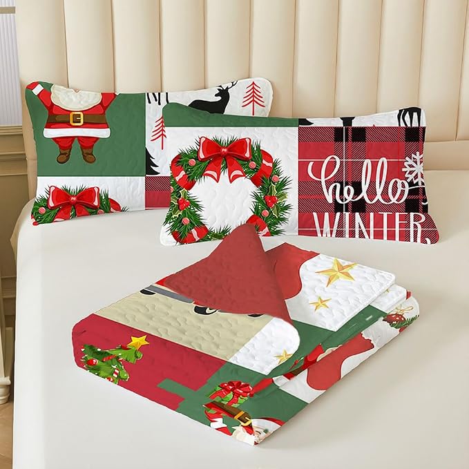 Merry Christmas Patchwork Quilt Set King- Santa Claus Snowman Tree Snowflakes Checkered Printed Holiday Bedding Set - Soft Microfiber Lightweight Comforter Coverlet Bedspread(Car, King(90"x104"))