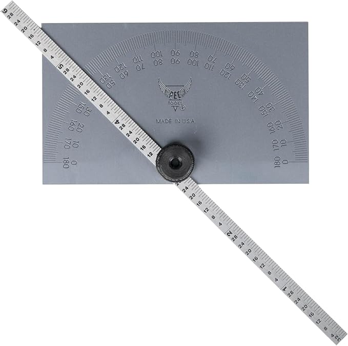 PEC Tools Stainless Steel Angle Protractor with Double Graduation, 6" Blade Length, 0-180 Range, Rectangle Head with Graduated Ruler, Made in USA
