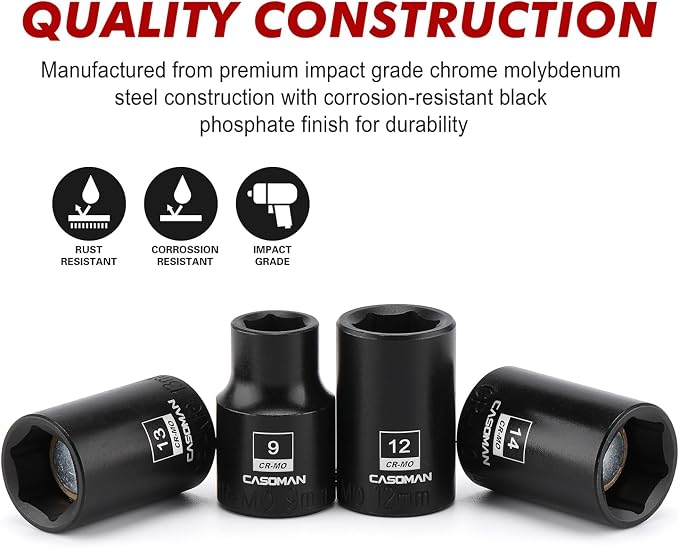 CASOMAN 13PCS 3/8"Drive Magnetic Socket Set, Shallow, 6-Point, Metric, 7mm to 19mm, CR-MO