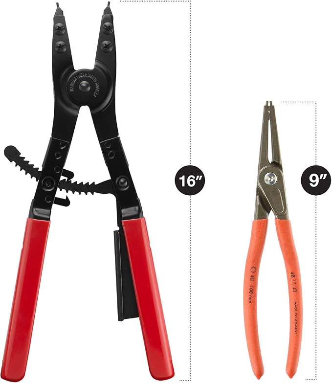 Neiko 02130A Heavy Duty 16" Snap Ring Plier Set, 2 Piece, External and Internal Pliers, Straight, 45°, 90° Tips