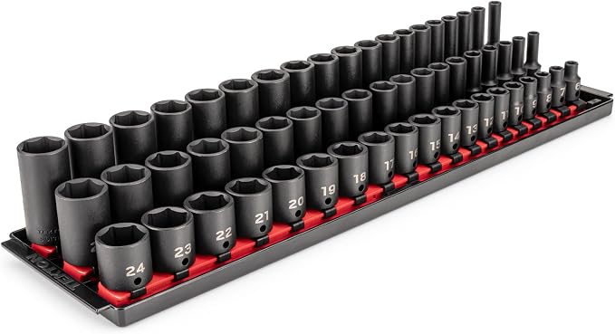 TEKTON 3/8 Inch Drive Impact Socket Set, 57-Piece | SID91121 | (6 - 24 mm), Shallow, Semi-Deep, and Deep, 6-Point, Socket Rail