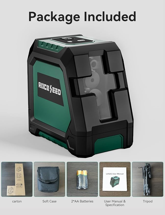 RockSeed Dual Modules Line Laser with 47 inch Iron Tripod, Self Leveling Laser Level, Horizontal and 150° Vertical Green Beam, 2 AA Batteries, Carrying Bag, for Home Decoration/DIY/Construction Site