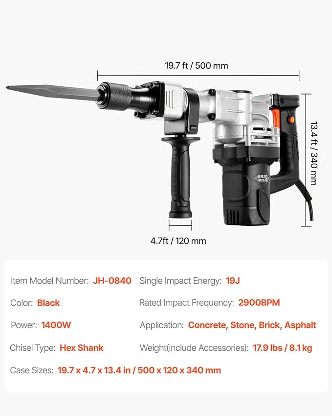 VEVOR Electric Demolition Hammer, 1400W Heavy Duty Jackhammer with 2 Chisel Bits and Carrying Case, 2900 BPM for Breaking Concrete, Includes Black Gloves