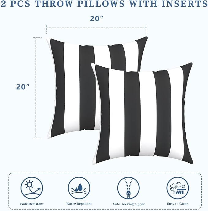LVTXIII Outdoor Throw Pillows, Decorative Throw Pillows with Inserts, 20"x20" Square Pillows for Bed, Couch, Sofa and Patio Furniture, Set of 2, Cabana Black