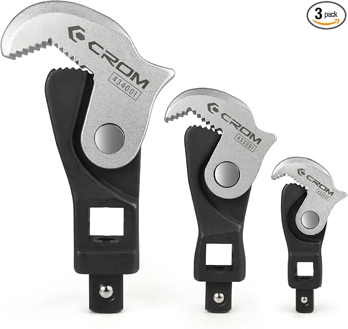 CROM Adjustable Crowfoot Wrench Set - Spring Loaded Wrench – Male & Female Square Drives Work With Ratchet, Breaker Bar, Extension Bar (3 Piece Set (1/4", 3/8", 1/2"))