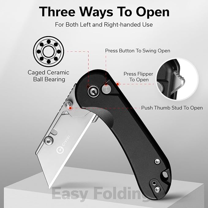 CIVIVI Folding Utility Knife Box Cutter, Elementum Utility Pocket Edc Knife with 3Pcs Extra Razor Blades, Three Ways to Open, Ideal Gifts for Men Women C23039B-1