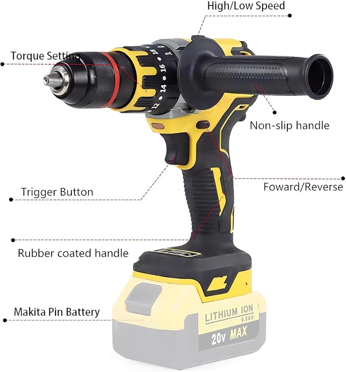 Cordless Hammer Drill for Dewalt 20V MAX Battery, DEROLT Compact Brushless Impact Driver, Cordless 1/2" Hammer Drill Driver with Variable Speed, Handlebar for Home Improvement, Woodworking (Tool Only)