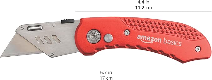 Amazon Basics Folding Utility Knife Box Cutter with Back-lock Mechanism, Portable Lightweight Aluminum Handle, Red