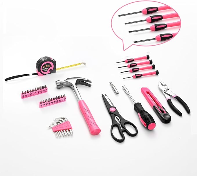 HANGYING 39 Piece Pink Tool Set for Women, All Purpose Household Hand Tool Kit with Plastic Storage Box, Small Tool kit for Home Garage Office College Dorm