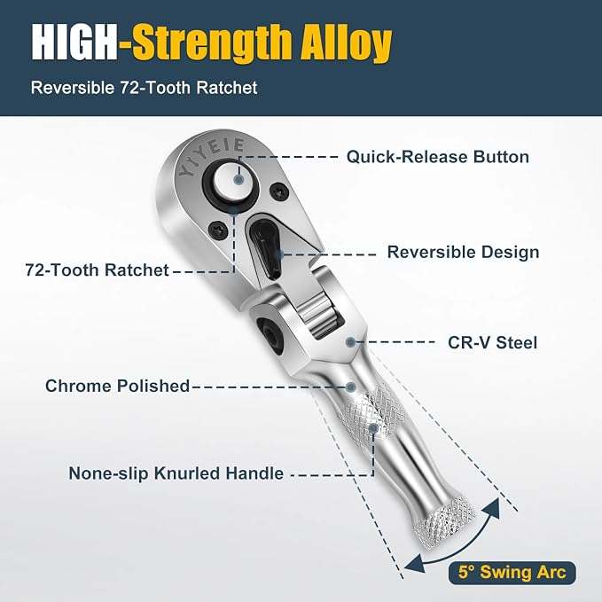 YIYEIE Stubby Flex Head Ratchet Set, 6PCS Stubby Ratchet Set 1/4 3/8 1/2 inch with 3 Extension Bars, 72 Tooth Reversible & Quick-Release, 180° Swivel Head Mini Handle with EVA Foam