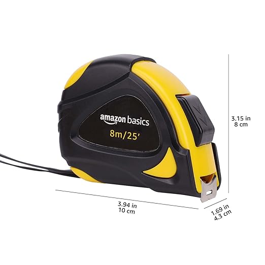 Amazon Basics Self-Locking Tape Measure, 25ft (8-meters), Accurate Dual Scale inch/metric, MID Accuracy, Extendable, 2-Pack, Yellow