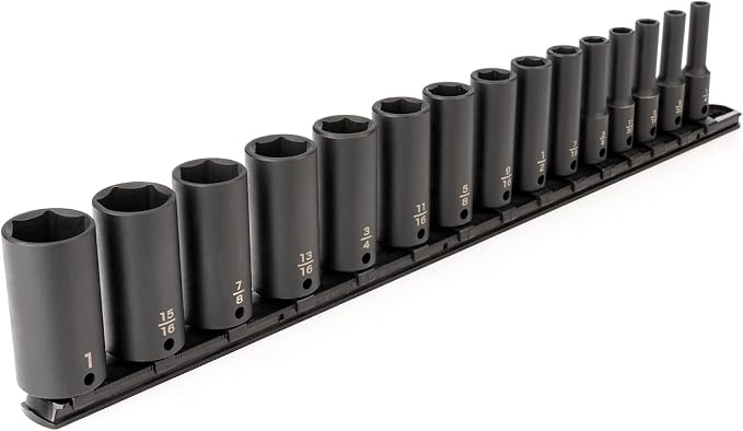 TEKTON 3/8 Inch Drive Impact Socket Set, 15-Piece | SID91105 | (1/4 - 1 in.), Deep, 6-Point, Socket Rail