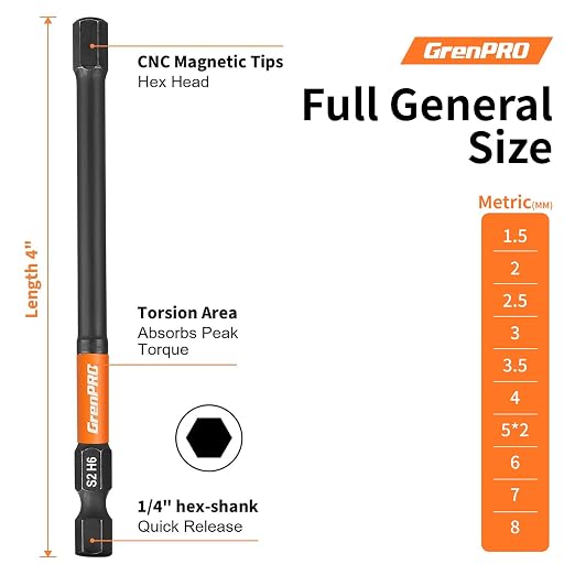 GRENPRO 11PCS Impact Hex Head Allen Wrench Drill Bit Set(Metric), 1/4" Hex Shank S2 Steel Magnetic Hex Bits, CNC Machined Tips, 4 Inch Length with Storage Box