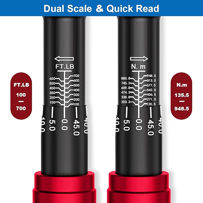 SUERCUP Torque Wrench 3/4-inch, Dual-Direction Adjustable 48 Tooth 100-700ft.lb/135.5-948.5Nm, Drive Click Torque Wrench with Buckle for Car, Truck Maintenance and Product Assembly