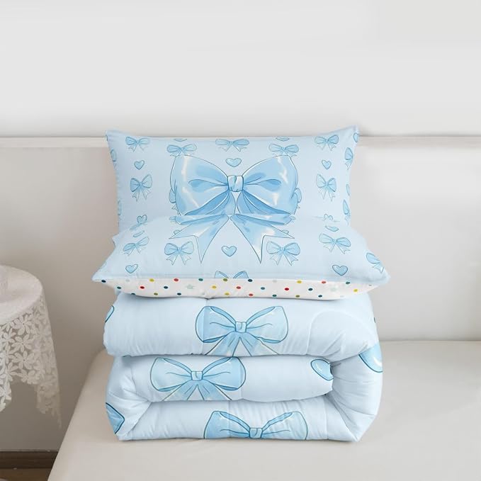 Feelyou Cute Blue Bow Bedding Set Soft for Boys Girls, Love Hearts Bowknot Comforter Set Queen Size Girly Bow Tie Duvet Quilt Microfiber Bedroom Decor 3 Pcs with 2 Pillow Cases