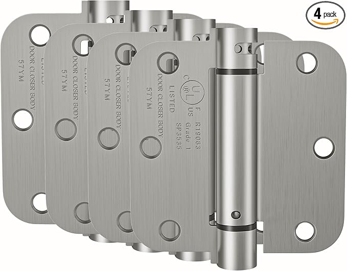 HOSOM 4 Pack Brushed Nickel Self Closing Door Hinges, 3.5 Inch 5/8'' Radius Corners Spring Door Hinge, Adjustable Tension for Garage, Front Door, Back Door, UL Listed, for Left and Right Hand Door