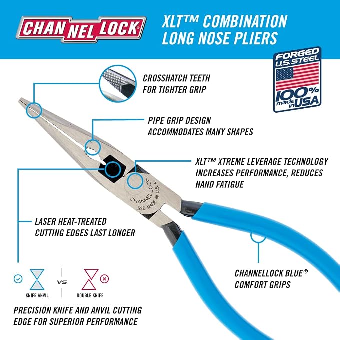 Channellock Needle-Nose Pliers 326 - Long Nose with Side Cutter, Channel Lock Pliers - 6 in
