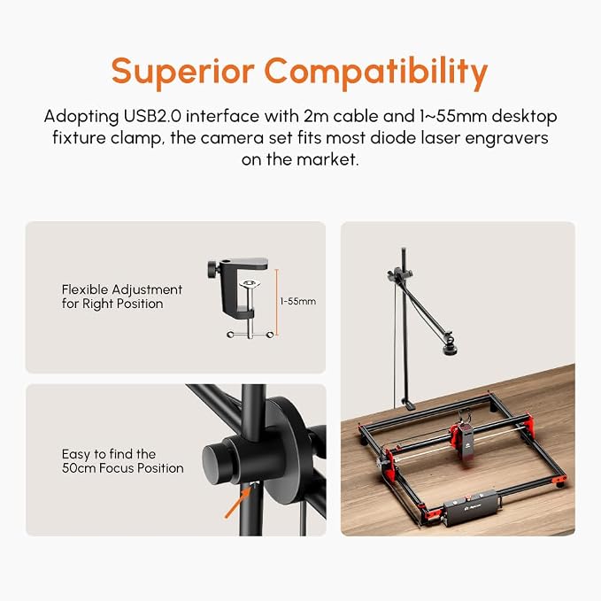 Algolaser Lightburn Camera for Laser Engraver – 5MP HD Laser Engraver Camera with Precise Positioning, Batch Processing, Job Preview, Image Tracking & Video Recording, Work Area 550×800mm